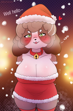 anthro big_breasts biped blep breasts brown_body christmas_clothing christmas_headwear clothed clothing dialogue elderly_female eyebrows eyelashes female front_view hair hat headgear headwear heart_symbol holidays legwear multicolored_body pupils red_clothing santa_hat smile snow snowing solo standing text thick_thighs thigh_highs tongue tongue_out white_body bluef1shcake christmas aya_lin canid canine canis domestic_dog mammal 2025 digital_media_(artwork) english_text hi_res