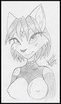 anthro bedroom_eyes clothed clothing eyelashes female hair looking_at_viewer narrowed_eyes nipples seductive short_hair smile solo tight_clothing uniform reddragonkan nintendo star_fox krystal_(star_fox) alien canid canine fox mammal graphite_(artwork) monochrome traditional_media_(artwork)