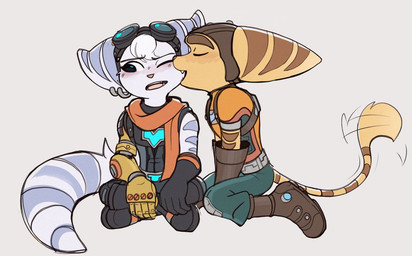 anthro bite biting_another biting_partner blush boots clothing cybernetic_arm cybernetic_limb duo female fluffy fluffy_tail footwear gloves handwear male male/female markings open_mouth ring_(marking) ringed_tail scarf shoes striped_markings striped_tail stripes tail tail_markings tail_motion tail_tuft tailwag thin_tail tuft time_fluffy500 ratchet_and_clank sony_corporation sony_interactive_entertainment ratchet_(ratchet_and_clank) rivet_(ratchet_and_clank) lombax mammal hi_res