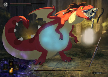 ambiguous_gender armor belly big_belly claws detailed_background duo faceless_character faceless_male fatal_vore feral feral_pred gameplay_mechanics glowing glowing_belly green_eyes gui hair health_bar human_prey imminent_death inside magic male male/ambiguous melee_weapon open_mouth oral_vore potion red_body sharp_teeth soft_vore spikes stamina_bar swallowing sword tail teeth vore weapon wings vorelord dark_souls fromsoftware mythology knight_artorias dragon human mammal mythological_creature mythological_scalie scalie 2017