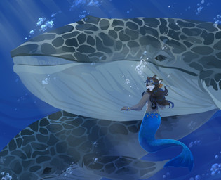 ambiguous_gender anthro black_hair black_nose blue_body blue_eyes blue_hair blue_scales bubble female fur grey_body grey_eyes grey_fur group hair light light_beam looking_at_viewer multicolored_hair scales split_form sunbeam sunlight trio two_tone_hair underwater unsigned water white_body white_fur corzh77 aquatic canid cetacean hybrid mammal merfolk hi_res