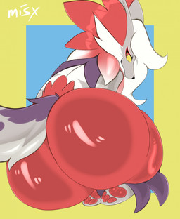 anthro balls big_butt butt fur genitals grey_body grey_fur huge_butt inner_ear_fluff looking_at_viewer looking_back looking_back_at_viewer male nude_male pawpads presenting presenting_hindquarters red_body red_fur solo tuft yellow_eyes misx nintendo pokemon canid canine delphox generation_6_pokemon generation_8_pokemon hisuian_form hisuian_zoroark hybrid mammal pokemon_(species) regional_form_(pokemon) hi_res