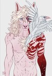 anthro beak blue_eyes duo exposed_flesh feathered_wings feathers feral front_view glistening glistening_eyes gore hair long_hair looking_at_viewer male mouth_closed nude pink_beak pink_body red_body red_stripes simple_background standing striped_arms stripes white_background white_body white_feathers white_hair white_wings wings riorix species_request 2019 artist_name dated half-length_portrait hi_res portrait