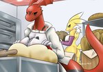 anthro baker bakery bread duo female food sarctrue bandai_namco digimon canid digimon_(species) guilmon mammal renamon hi_res