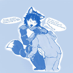 accessory anthro blue_background blue_body blue_fur bottomwear breast_smother breasts clothed clothed_male clothing dialogue duo female forced fully_clothed fully_clothed_male fur head_between_breasts headband loincloth male male/female markings shoulder_guards simple_background smothering speech_bubble text unknown_artist nintendo star_fox krystal_(star_fox) canid canine fox human mammal blue_and_white character_request english_text monochrome portrait three-quarter_portrait