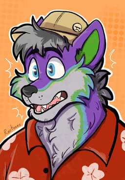aloha_shirt anthro badge black_eyebrows black_nose blue_eyes blue_markings brown_clothing brown_hat brown_headwear button_(fastener) cheek_tuft clothed clothed_anthro clothed_male clothing eyebrows facial_tuft fishing_hat fur fur_markings green_inner_ear green_markings grey_hair hair hat headgear headwear light male male_anthro markings multicolored_body multicolored_fur open_mouth orange_background outline pattern_clothing pattern_shirt pattern_topwear pink_tongue purple_body purple_fur red_clothing red_shirt red_topwear sharp_teeth shirt short_hair simple_background solo teeth tongue topwear tuft whisker_spots white_outline yellow_markings ractoons canid canine mammal 2022 bust_portrait colored digital_drawing_(artwork) digital_media_(artwork) english_description hi_res lighting portrait shaded