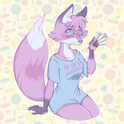 eyewear female fluffy fluffy_tail glasses heart_eyes heart_symbol pattern_background pawpads purple_body simple_background solo tail purplevulpes purplevulpes_(character) canid canine fox mammal 1:1 digital_media_(artwork) hi_res