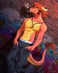 anthro bottomwear brick_wall brown_hair cigarette clothed clothing graffiti hair hand_in_pocket hands_in_both_pockets horn jewelry male necklace pants pockets red_body solo tail topless underwear wall_(structure) draftgon mythology ferall_(draftgon) dragon mythological_creature mythological_scalie scalie 4:5 absurd_res hi_res