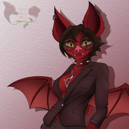 anthro bottomwear breasts choker clothed clothing ear_piercing ear_ring eyewear fangs female fur glasses hair jewelry legwear looking_at_viewer membrane_(anatomy) membranous_wings necklace piercing red_body red_fur ring_piercing side_boob simple_background smile solo spikes standing tail teeth topwear wings yellow_eyes little_scarlet_rose sauvignon bat leaf-nosed_bat mammal microbat vampire_bat yangochiropteran 1:1 digital_drawing_(artwork) digital_media_(artwork)