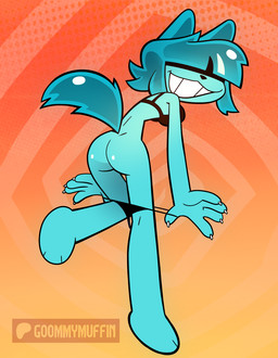 anthro blue_body blue_hair breasts butt claws clothed clothing female finger_claws hair hair_over_eyes medium_breasts partially_clothed patreon_logo smile snaggle_teeth solo swimwear tail text two-piece_swimsuit underwear underwear_down goommymuffin patreon goommy_(goommymuffin) domestic_cat felid feline felis ghost mammal spirit 2025 artist_name