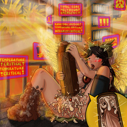 3_eyes accessory balls big_balls big_breasts big_penis black_hair black_wings blush bodily_fluids bottomwear bow_ribbon breasts chest_eye clothing cum excessive_cum excessive_genital_fluids exclamation_point feathered_wings feathers genital_fluids genitals glowing glowing_wings green_bottomwear green_clothing green_skirt gynomorph hair hair_accessory hair_bow hair_ribbon hazard_symbol huge_balls huge_penis humanoid_genitalia humanoid_penis improvised_sex_toy intersex masturbation multi_eye open_mouth penetrable_sex_toy penile penile_masturbation penis radiation_symbol railing ribbons sex_toy shirt sitting skirt solo symbol text tongue tongue_out topwear vein veiny_penis warning_sign white_clothing white_shirt white_topwear wings kakothecruiser touhou utsuho_reiuji animal_humanoid avian avian_humanoid humanoid winged_humanoid 1:1 2020 english_text hi_res