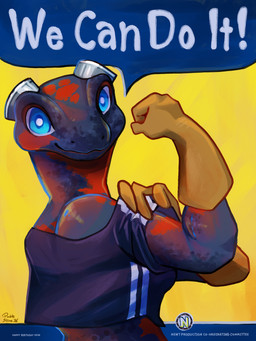 anthro blue_eyes clothing crop_top eyewear eyewear_on_head female gloves goggles goggles_on_head handwear happy_birthday pupils shirt smile smiling_at_viewer solo text topwear white_pupils double_slime rosie_the_riveter amphibian newt salamander 3:4 absurd_res english_text hi_res