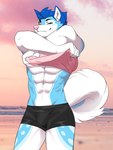 abs anthro beach blue_body blue_fur bulge clothing curled_tail fur male muscular muscular_male seaside solo swimming_trunks swimwear tail text tight_clothing tight_swimwear underwear undressing yellow_eyes crystal-silverlight fluke_the_husky canid canine canis domestic_dog husky mammal nordic_sled_dog spitz absurd_res english_text hi_res