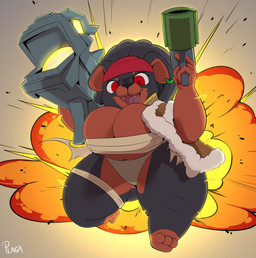 anthro big_breasts black_body black_fur breasts chest_wraps crossgender explosion female fur huge_breasts huge_hips huge_thighs mtf_crossgender ranged_weapon red_eyes shortstack shortstack_female smile solo thick_thighs weapon wide_hips wraps triplepistacho gunfire_reborn ao_bai_(gunfire_reborn) canid canine canis domestic_dog livestock_guardian_dog mammal mastiff molosser mountain_dog pastoral_dog tibetan_mountain_dog 2024 digital_media_(artwork) hi_res