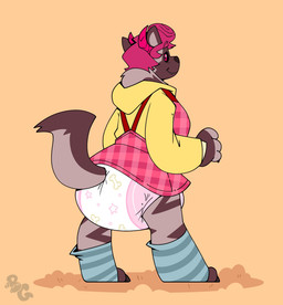 ambiguous_gender anthro black_sclera blue_clothing blue_leg_warmers blue_legwear brown_body brown_claws brown_ears brown_fur brown_inner_ear brown_tail brown_toe_claws claws clean_diaper clothed clothing curly_hair diaper finger_claws fingerless_(marking) fur hair head_horn hoodie horn leg_warmers legwear logo looking_back orange_background overalls pattern_clothing pattern_leg_warmers pattern_legwear pattern_topwear pink_claws pink_clothing pink_finger_claws pink_hair pink_horn pink_overalls plaid plaid_clothing plaid_topwear simple_background smile snaggle_tooth solo standing striped_clothing striped_leg_warmers striped_legwear stripes tail three-quarter_view toe_claws topwear wearing_diaper yellow_clothing yellow_hoodie yellow_topwear bubblepuppers mythology bri_(kalash) canid canid_demon canine demon hellhound hyena mammal mythological_canine mythological_creature artist_logo full-length_portrait hi_res portrait trans_(lore) trans_woman_(lore)