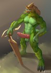 abs anthro balls beard big_penis bodily_fluids claws erection eyewear facial_hair featureless_chest genital_fluids genitals glasses green_balls green_body hair huge_penis knot looking_at_viewer male melee_weapon muscular muscular_anthro muscular_male nude penis pink_penis precum solo sword toe_claws weapon inkudoragoon nintendo pokemon daikenbal_(balthazar) generation_5_pokemon pokemon_(species) samurott 2021 colored signature