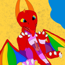 blue_eyes claws colorful_background cute_fangs erection fangs genitals male open_mouth penis rainbow small_penis solo spread_legs spread_wings spreading teeth tongue tongue_out wilderiot wings european_mythology mythology star_fire dragon mythological_creature mythological_scalie scalie western_dragon 1:1 colorful_theme hi_res