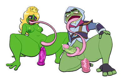 3_toes 4_fingers 4_toes anal anal_penetration anthro areola arm_support autocunnilingus autotonguejob balls big_breasts big_tongue biped black_clothing black_eyebrows black_gloves black_handwear blonde_hair blue_eyes blush bodily_fluids bottomless bottomless_anthro bottomless_male breasts brown_eyebrows clothed clothed_anthro clothed_male clothing crown dildo dildo_in_ass dildo_in_vagina dildo_insertion dildo_sitting duo erection eyebrows eyelashes eyeshadow feet female female_anthro female_penetrated fingerless_gloves fingers genital_fluids genitals glans glistening glistening_breasts glistening_eyes glistening_genitalia glistening_glans glistening_penis gloves green_areola green_balls green_body green_nipples green_penis green_skin hair hand_on_leg hand_on_own_leg handwear headgear hood hood_up humanoid_genitalia humanoid_penis long_tongue looking_down makeup male male_anthro male_penetrated masturbation motion_lines navel nipples non-mammal_balls non-mammal_breasts non-mammal_navel non-mammal_nipples non-mammal_vulva nude nude_anthro nude_female object_in_ass open_mouth oral oral_masturbation penetration penis pink_dildo pink_glans precum prehensile_tongue purple_dildo purple_eyeshadow sex_toy sex_toy_in_ass sex_toy_in_vagina sex_toy_insertion simple_background spread_legs spreading toes tongue tongue_out vaginal vaginal_masturbation vaginal_penetration vein veiny_penis vulva white_background yellow_eyes lovetopullmicke assassin's_creed captain_laserhawk:_a_blood_dragon_remix enchanted_portals ubisoft bullfrog_(captain_laserhawk) princess_(enchanted_portals) amphibian frog 2026 absurd_res crossover digital_media_(artwork) hi_res