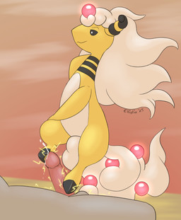 ambiguous_gender bodily_fluids cum cumshot duo ejaculation electricity electrostimulation erection feet floating foot_fetish foot_play footjob genital_fluids genitals hair hoofjob hooves penile penis sex simple_background white_hair yellow_body ellistia nintendo pokemon generation_6_pokemon mammal mega_ampharos mega_evolution pokemon_(species) hi_res