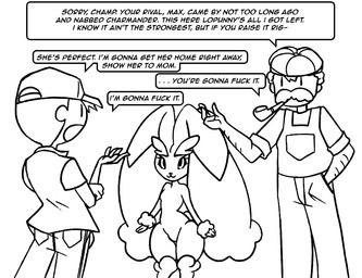 anthro arm_hair baseball_cap body_hair clothed clothed_male clothing dialogue dot_eyes ellipsis eyelashes facial_hair female female_anthro group hat headgear headwear looking_at_another looking_at_partner male male_human mustache nude_anthro simple_eyes smoking_pipe speech_bubble standing text trio wide_hips anonymous_artist nintendo pokemon generation_4_pokemon human lagomorph lopunny mammal pokemon_(species) 2023 archived_source comic english_text monochrome