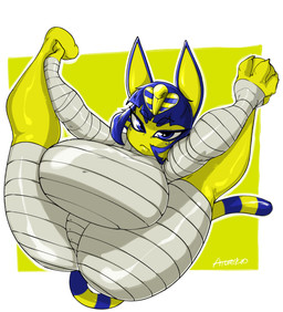 anthro bangs big_breasts blue_eyes blue_hair breasts female flexible fur hair huge_breasts legs_up looking_at_viewer lying mummy_costume mummy_wrappings on_back shortstack solo stretching uraeus yellow_body yellow_fur atotekio animal_crossing nintendo ankha_(animal_crossing) domestic_cat felid feline felis mammal absurd_res hi_res