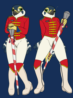 bodily_fluids boots bottomless breasts clothed clothing female footwear genital_fluids genitals heart_symbol marching marching_band_uniform partially_clothed presenting presenting_vulva shoes vaginal_fluids vulva fish_birb katie_(fish_birb) avian bird falcon falconid peregrine_falcon absurd_res alpha_channel hi_res