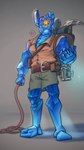 absurd_res adventurer anthro backpack blue_body clothed clothing crystal digital_media_(artwork) elemental_creature gem gem_creature gus_arts hi_res humanoid jewish_mythology looking_at_viewer male melee_weapon mineral_fauna mythological_creature mythological_golem mythology not_furry pickaxe rock simple_background solo weapon whip yellow_eyes