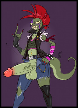 alternative_fashion anthro armwear balls bedroom_eyes belt big_penis bottomwear bracelet clothing collar countershading crop_top denim denim_bottomwear denim_clothing devil_horns_(gesture) elbow_gloves erection fangs femboy fingerless_gloves fishnet_clothing fishnet_topwear genitals gesture glamrock gloves green_body green_scales hair half-closed_eyes hand_gesture handwear huge_penis humanoid_genitalia humanoid_penis inviting jacket jeans jewelry leather leather_clothing leather_jacket leather_topwear leather_vest legwear male mohawk narrowed_eyes navel navel_piercing pants penis piercing punk red_hair scales seductive sharp_teeth shirt smile smirk smug smug_face smug_grin solo spiked_bracelet spiked_collar spikes stockings studded_belt studs teeth topwear torn_bottomwear torn_clothing torn_pants vein veiny_penis vest ghastlygh ash_(g-h-) gecko lizard reptile scalie 2019 hi_res