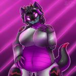 anthro armor black_body black_fur breasts featureless_breasts female fur horn machine overweight overweight_anthro overweight_female screen screen_face solo fizzlepaw mammal protogen robot 1:1 hi_res