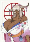 anthro asian_clothing big_breasts big_horn blonde_hair bra breasts brown_body brown_fur cleavage clothed clothing east_asian_clothing female fur hair hair_over_eyes horn horn_jewelry huge_breasts japanese_clothing jewelry kimono neck_tuft tuft underwear longinius freya_(wintertopdog) bovid bovine cattle mammal 2024 absurd_res hi_res traditional_media_(artwork)