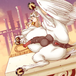 animal_genitalia animal_penis animal_vulva anus balls big_breasts blonde_hair breasts breasts_and_teats butt clitoral_winking clitoris clothing cloud cloudy_sky equine_anus equine_genitalia equine_penis equine_vulva evening feathered_wings feathers freckles genitals hair herm horseshoe intersex looking_at_viewer lying monster_girl_(genre) nipples penis pillar presenting sky smile solo spread_legs spreading teats undressing vein veiny_penis wings zuckergelee european_mythology greek_mythology mythology pegasania_bellerophon centaur equid equid_taur equine humanoid_taur mammal mammal_taur mythological_creature mythological_equine pegasus taur 1:1 2025 absurd_res hi_res