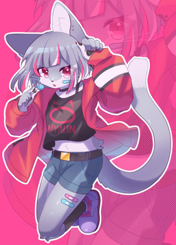 5_fingers anthro band-aid bandage bangs belt bottomwear candy choker claws clothing dessert ear_piercing eyelashes female female_anthro fingers food footwear fur gradient_background grey_body grey_fur grey_hair hair highlights_(coloring) holding_candy holding_food holding_lollipop holding_object inner_ear_fluff jacket jewelry kemono lollipop long_tail looking_at_viewer necklace open_mouth pawpads piercing pink_eyes shoes short_hair shorts simple_background socks solo tail topwear tuft whiskers kuro_kemo28 domestic_cat felid feline felis mammal absurd_res digital_media_(artwork) hi_res