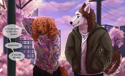 anthro black_nose breasts brown_body brown_fur clothed clothed_anthro clothed_female clothed_male clothing dialogue duo female fur jacket male male/female multicolored_body multicolored_fur red_body red_fur speech_bubble sweater tail tail_motion tailwag text topwear two_tone_body two_tone_fur white_body white_fur kikonine marjani bird_dog canid canine canis cocker_spaniel domestic_dog hunting_dog husky mammal nordic_sled_dog siberian_husky spaniel spitz artist_collaboration english_text