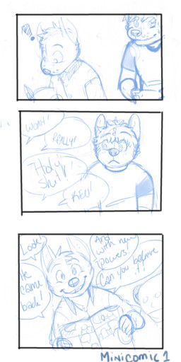 anthro blank_expression dialogue duo excited exclamation_point holding_object male male/male smile stare text p_rindustries dexter_(p_rindustries) kevin_(p_rindustries) canid canine mammal 1:2 comic english_text