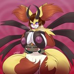 2_horns anthro areola big_breasts biped blue_eyes blush blush_lines boob_hat breasts brown_hair dipstick_tail duo eyelashes eyes_closed female fluffy fluffy_tail forehead_gem fur fusion gem hair horn inner_ear_fluff looking_at_another male male/female markings mouth_closed nipples open_mouth pokemon_fusion pokemorph red_tail_tip standing steam tail tail_markings text tuft white_sclera white_text yellow_body yellow_fur latiar nintendo pokemon harry_(latiar) taralyn_(directorscar) canid canine delphox fox generation_4_pokemon generation_5_pokemon generation_6_pokemon hybrid hydreigon legendary_pokemon mammal pokemon_(species) uxie 1:1 2025 artist_name digital_media_(artwork) english_text hi_res