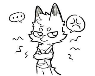angry annoyed anthro chibi clothing crossed_arms deadpan fur hair half-closed_eyes male narrowed_eyes ponytail shirt speech_bubble standing t-shirt tail topwear tsundere white_body white_fur mixia cricket_chen arctic_fox canid canine fox mammal true_fox
