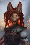 anthro brown_hair clothed clothing female fur green_eyes hair looking_at_viewer solo tan_body tan_fur text alectorfencer myre canid canine canis coyote mammal 2:3 hi_res url