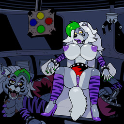 anthro anus big_breasts bracelet breast_implants breasts clothing collar colored_nails female fingernails fluffy fluffy_tail footwear genitals green_fingernails green_hair green_nails grey_body grey_hair hair high_heels highlights_(coloring) jewelry lips multicolored_body multicolored_hair nails nipples purple_body purple_clothing purple_footwear purple_high_heels purple_highlights purple_nipples red_body shoes solo spiked_bracelet spiked_collar spikes tail thick_lips two_tone_hair vulva yellow_eyes blackshirtboy five_nights_at_freddy's five_nights_at_freddy's:_security_breach scottgames steel_wool_studios roxanne_wolf canid canine canis mammal wolf 1:1 2023 absurd_res hi_res