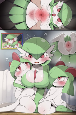 anthro anus bed big_breasts blush blush_lines blush_stickers bodily_fluids bottomwear breasts chest_spike cleavage clothed clothing doll female female_anthro furniture genital_fluids genitals green_body green_hair group hair head_on_breast head_spikes interrobang interspecies male male/female motion_lines multicolored_body non-euclidean_penetration non-euclidean_sex not_furry photo picture_frame plushie plushophilia pokemorph pokephilia question_mark red_eyes sex shuddering skirt smile spikes spikes_(anatomy) spread_vulva spreading stubby_legs sweat tongue tremble_spikes vaginal_fluids voodoo voodoo_doll vulva white_body young young_female dagasi nintendo pokemon gardevoir generation_3_pokemon human humanoid kirlia mammal pokemon_(species) ralts 2026 2:3 hi_res