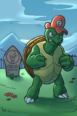 3_fingers 3_toes angry anthro arms_bent blue_eyes broccoli brown_shell claw_toes claws clenched_teeth clothing cloud day feet fence fingers fist flower food furrowed_eyebrows grass green_body green_scales hat hat_only headgear headgear_only headwear headwear_only light male male_anthro mostly_nude mountain on_grass on_ground outside plant red_clothing red_flower red_hat red_headwear scales shell solo standing tears_of_rage teeth text toes tombstone vegetable white_claws spaniel_reyes real_world anthony_dimarco tortellini_(chilled_chaos) reptile scalie tortoise turtle 2021 2:3 colored digital_drawing_(artwork) digital_media_(artwork) english_description english_text lighting shaded