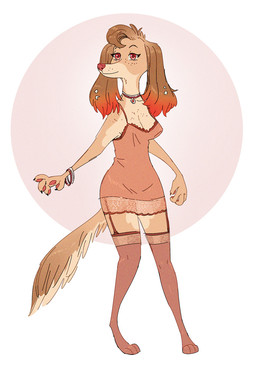 3_toes anthro bangle bracelet breasts brown_hair cleavage clothed clothing dress eyelashes feet female fluffy fluffy_tail freckled_breasts freckled_chest freckled_face freckled_shoulders freckles garter_belt garter_straps hair head_tuft highlights_(coloring) jewelry legwear long_eyelashes long_hair long_neck long_tail looking_away necklace nightgown pawpads piercing red_eyes red_highlights short_dress simple_background snout solo stockings tail toes tuft ruffu unnamed_character canid canine mammal digital_drawing_(artwork) digital_media_(artwork)