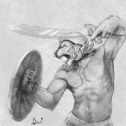 anthro armpit_hair body_hair clothed clothing fighting_pose gladiator holding_melee_weapon holding_object holding_sword holding_weapon left-handed male melee_weapon muscular muscular_anthro muscular_male pose shield solo sword topless warrior weapon lion21 felid lion mammal pantherine 1:1 hi_res monochrome