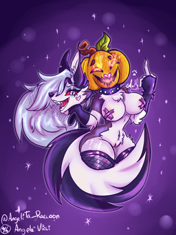 anthro big_breasts breasts clothing desnude female fishnet_clothing genitals holidays jack-o'-lantern nipple_tape pasties severed_body_part severed_head solo tape thick_thighs vulva wide_hips angelitaracoohn european_mythology halloween hellaverse helluva_boss irish_mythology mythology loona_(helluva_boss) canid canine canis dullahan mammal wolf 3:4 absurd_res hi_res