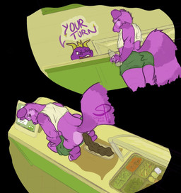 anthro black_background bottomwear bottomwear_down bread cash_register clothed clothing crop_top crouching duo fast_food_employee fast_food_uniform feces food fur green_clothing hand_on_leg high-angle_view holding_object horn hotpants looking_back low-angle_view male on_counter panel_overlap partially_clothed pink_body pink_fur pooping raised_tail shirt shitting_on_food shorts shorts_down simple_background smile smirk sneeze_guard store store_clerk tail text topwear white_clothing wrapper stinkypink activision mythology spyro_the_dragon spyro dragon mammal mythological_creature mythological_scalie procyonid raccoon scalie english_text hi_res signature sketch