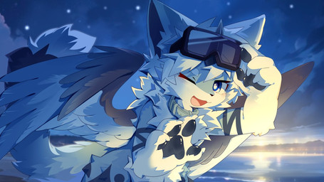 1_horn 4_fingers anthro big_wings blue_eyes blush blush_lines chest_tuft collar eyewear eyewear_on_head fingers fluffy fluffy_tail fur goggles goggles_on_head grey_body grey_fur horn kemono lake light looking_at_viewer male multicolored_body multicolored_fur one_eye_closed open_mouth open_smile outside pawpads paws sky skyscape smile smiling_at_viewer solo sunlight sunset tail tuft water white_body white_fur wings wink winking_at_viewer hlg7777 arthropod avian beetle bird elateroid firefly insect 16:9 2026 cel_shading digital_drawing_(artwork) digital_media_(artwork) shaded wallpaper widescreen