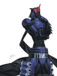 abs anthro athletic athletic_anthro athletic_male black_body clothing fishnet_clothing fishnet_legwear horn legwear male mask ninja scroll solo tail veil warrior yellow_eyes confeito000_333 bandai_namco digimon digimon_(species) fumamon scalie hi_res