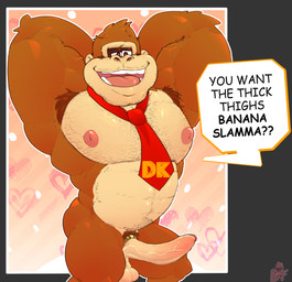 accessory anthro armpit_hair balls big_balls big_penis body_hair cock_ring erection facial_hair flexing flexing_bicep foreskin genitals hands_behind_back heart_symbol jewelry looking_down male moobs musclegut muscular muscular_male necktie nipples partially_retracted_foreskin pecs penis penis_accessory penis_jewelry presenting slightly_chubby smile smirk smug solo text vein veiny_penis beefkek donkey_kong_(series) nintendo thick_thighs_pussy_salad donkey_kong_(character) ape haplorhine kong mammal primate comic_sans english_text hi_res