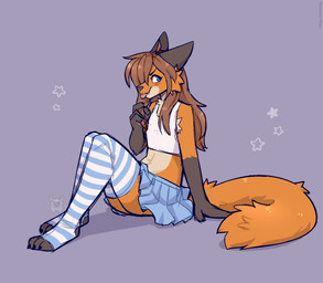 4_fingers anthro arm_support bangs black_claws black_eyebrows black_nose blue_bottomwear blue_clothing blue_eyes blue_skirt blush bottomwear brown_hair brown_markings cheek_tuft claws clothed clothing crop_top crossdressing eyebrows eyelashes facial_tuft femboy fingers fur hair legwear long_hair looking_back male markings orange_body orange_fur pattern_clothing pattern_legwear pattern_stockings pink_tongue shirt simple_background sitting skirt snout solo stockings striped_clothing striped_legwear striped_stockings stripes tan_body tan_fur tongue topwear tuft white_clothing white_crop_top white_topwear fleurfurr canid canine fox mammal red_fox true_fox cel_shading colored colored_sketch digital_drawing_(artwork) digital_media_(artwork) hi_res shaded sketch