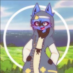 blue_eyes blush clothing cosplay crossover_cosplay ears_through_headwear female fluffy happy hood open_mouth sky solo anstukoo arc_system_works guilty_gear guilty_gear_strive nintendo pokemon bridget_(guilty_gear) fan_character j0lt generation_4_pokemon lucario pokemon_(species) crossover trans_(lore) trans_woman_(lore)