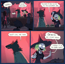 anthro apron bone border clothed clothing detailed_background dialogue eye_bags female gesture green_hair group hair hat headgear headwear humor looking_at_another magic_user male market market_stall night outside red_eyes skull speech_bubble text transparent_border vehicle wagon wave witch witch_hat pocketss canid canine canis elf human mammal scalie wolf 2026 alpha_channel comic english_text hi_res